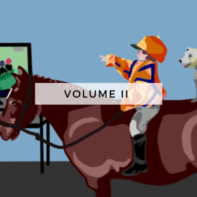 digital illustration of jockey and dog on a brown house looking at a tv of a horse race